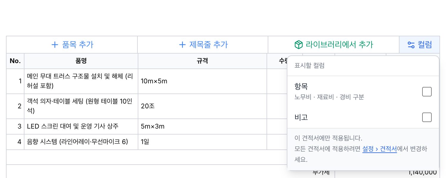 품목 표의 컬럼 메뉴