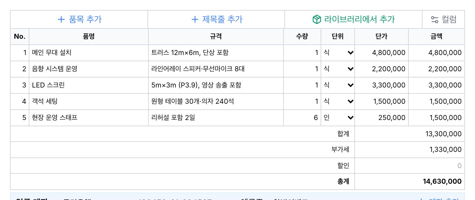 품목 입력 — 금액·합계·부가세 자동 계산